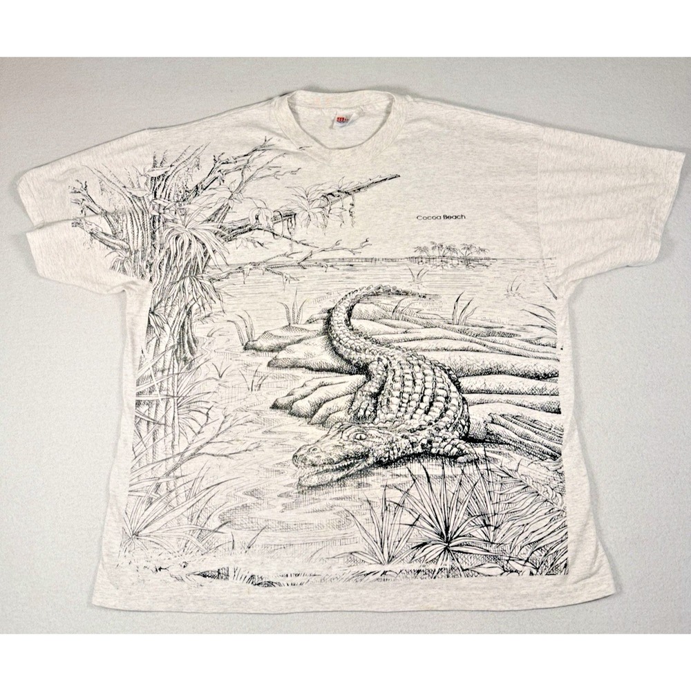 VTG 90's Hanes All over print T-Shirt Cocoa Beach Florida Alligator SIZE XL